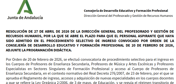 Entrega de programación didáctica Andalucía 2026 Resolución de 27 de abril de 2026